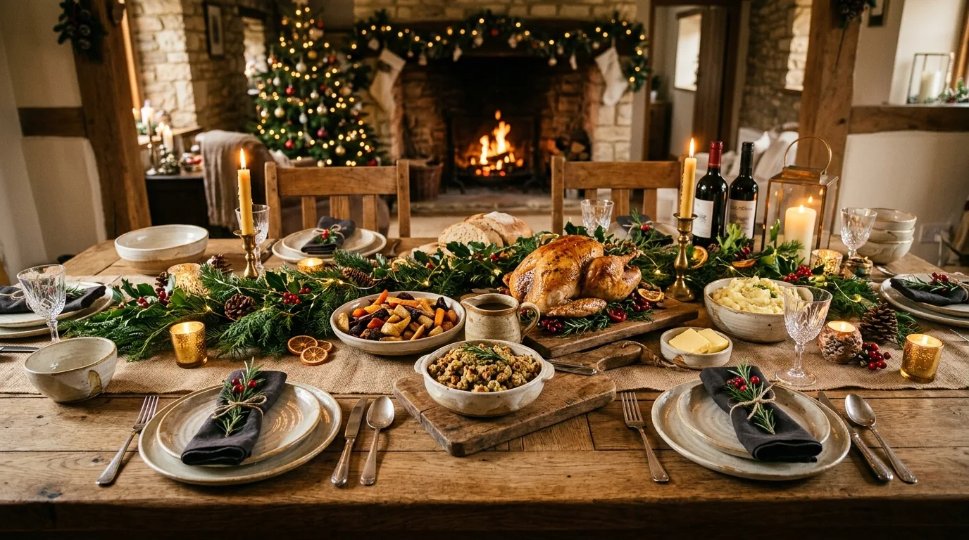 Rustic farmhouse Christmas table with burlap, wood, and ceramic dishes.